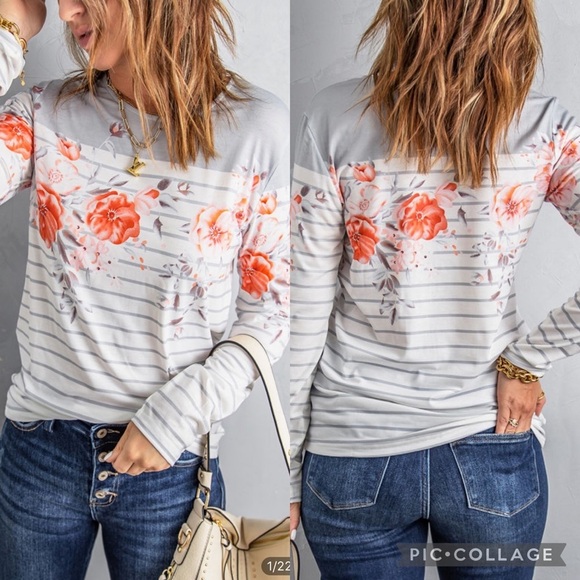 WHITE Floral Striped Print Long Sleeve Top - Picture 1 of 1